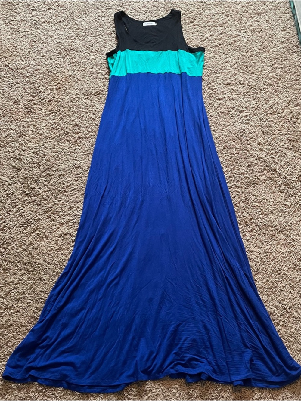Calvin Klein Maxi Dress Size 10 Sleeveless Colorblock Blue Black Stretch